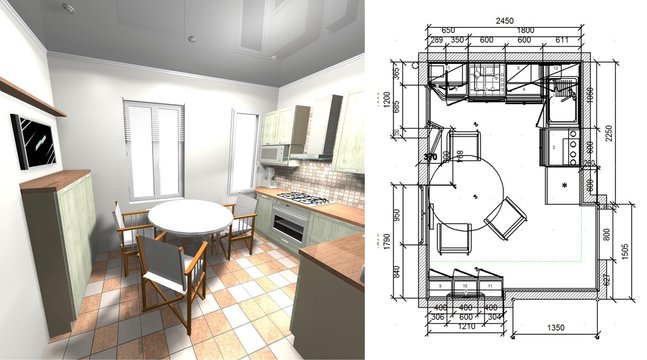 green kitchen with drawing and dimensions 3D rendering design interior