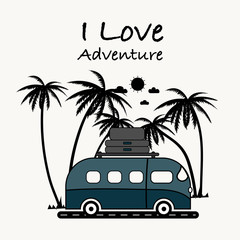 I Love Adventure typography with van and coconut palm tree.
