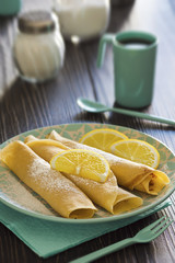 Lemon and Powdered Sugar Dessert Crepes with Coffee