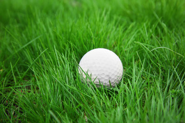 Golf ball on green grass, closeup