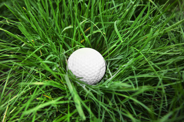 Golf ball on green grass, closeup