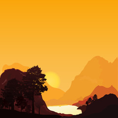 Sunset in the mountains, vector illustration