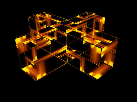 3d abstract modern technology. Box scheme. Neural network. Glass blocks. Web construction. Industrial cube objects. Hardware quantum form. Smart build. 3d illustration. Grid core. Glow tech