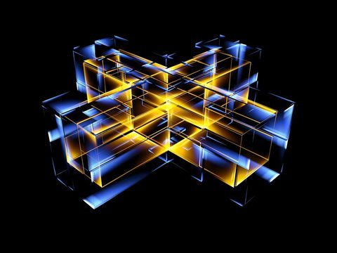 3d abstract modern technology. Box scheme. Neural network. Glass blocks. Web construction. Industrial cube objects. Hardware quantum form. Smart build. 3d illustration. Grid core. Glow tech