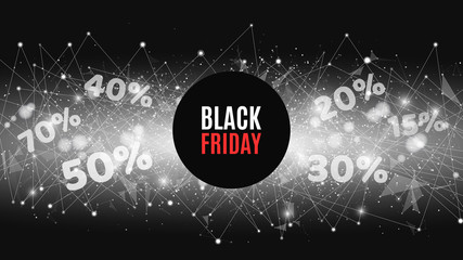 Big sale is a black Friday. Abstract futuristic background with banner. Great discounts. Connection of triangles and dots. A glowing web