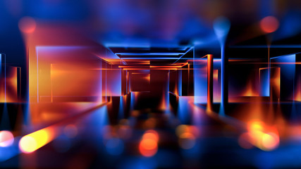 3D rendering. Virtual reality abstract cyber space..Modern technology. Box scheme. Neural network. Glass blocks. Web construction. .Industrial cube objects. Hardware quantum form. Smart build.