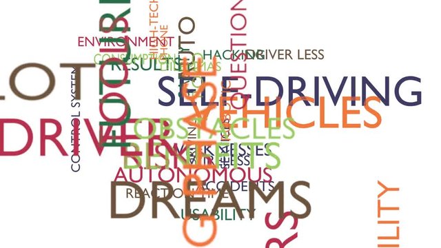 Autonomous, self-driving, vehicles word tag cloud. 3D rendering, loop able, white variant. UHD