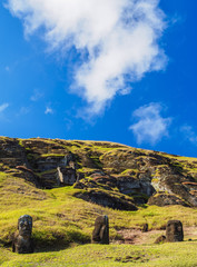 Moais at the quarry on the slope of the Rano Raraku Volcano, Rapa Nui National Park, Easter Island, Chile