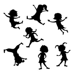 Set of cartoon girl silhouette,different action poses