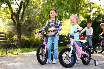 Cute children with bicycles in park on sunny day