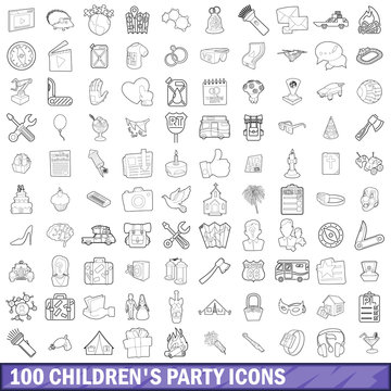 100 children party icons set, outline style