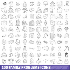 100 family problems icons set, outline style