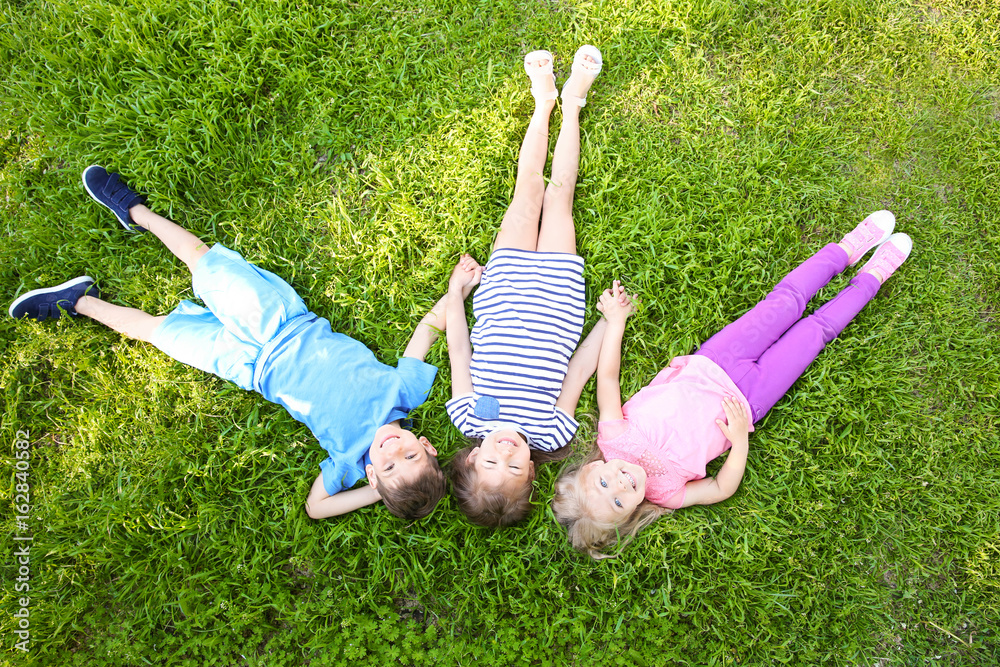 Wall mural Cute little children lying on green grass in park