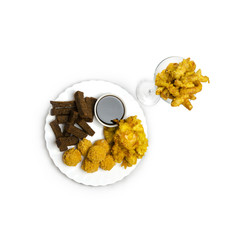 snack to beer.Beer set. Fish telethey, tender chicken fillet in beer batter. Cheese balls mozzarella in crispy breading