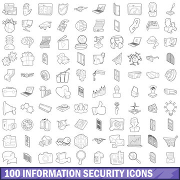 100 information security icons set, outline style