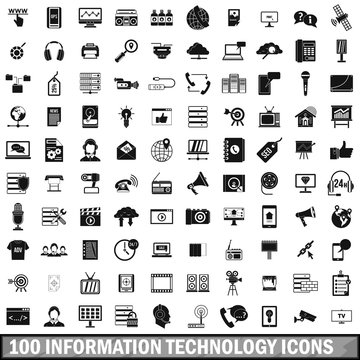 100 information technology icons set, simple style 