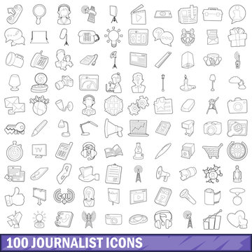 100 journalist icons set, outline style