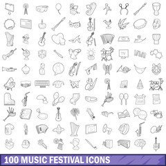 100 music festival icons set, outline style
