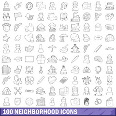 100 neighborhood icons set, outline style
