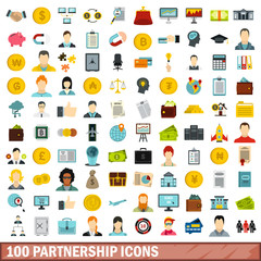 100 partnership icons set, flat style
