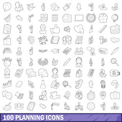 100 planning icons set, outline style