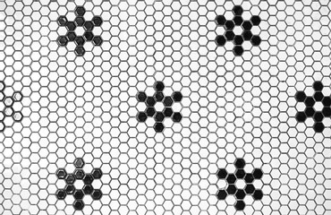 small hexagonal tiles of marble mosaic floor, processed in black and white