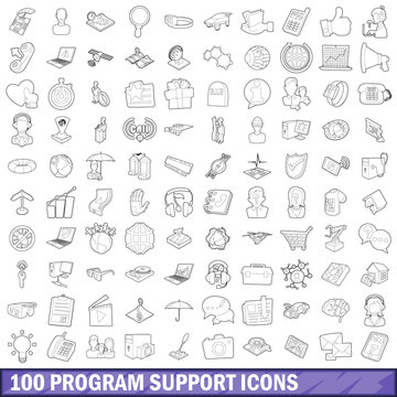 100 program support icons set, outline style