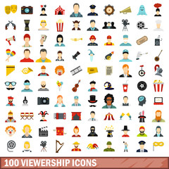 100 viewership icons set, flat style