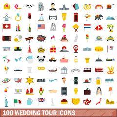 100 wedding tour icons set, flat style