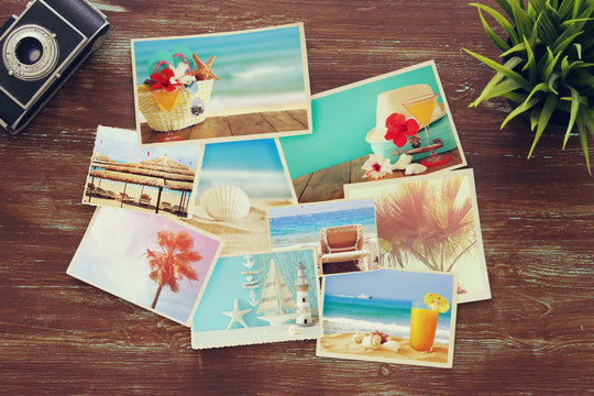 top view of tropical photo collage on wooden background