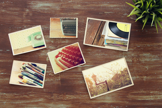 top view of photos collage on wooden background