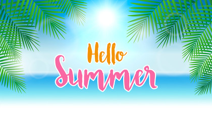 Fototapeta na wymiar Hello summer concept. Summer background with palm leaves. Vector illustration.