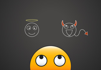 Emoticon looking at his good and bad conscience represented by an angel a demon. Vector illustration