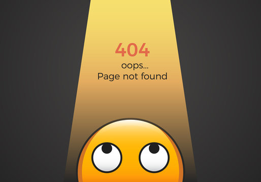 Emoticon in a dark room with a lamp that illuminates him and the "404 page not found" error message. Vector illustration