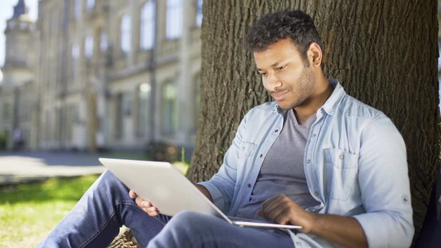 Multiracial college student sitting under tree with laptop, checking final paper