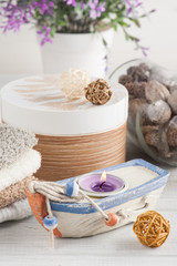 Set of bathroom accessory on wooden background