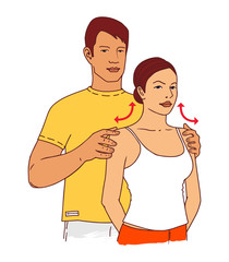 Young man doing a girl's massage of the shoulder girdle and neck. Half-figures, isolated on a white background