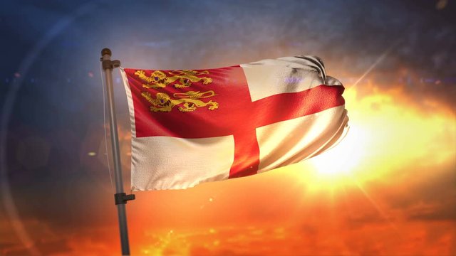 Sark Flag Backlit At Beautiful Sunrise Loop Slow Motion 4K