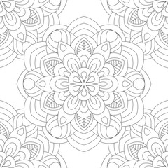 Doodles mandala seamless pattern. Adult coloring page. Black and white floral elements. Repeat pattern background. Hand drawn vector illustration.