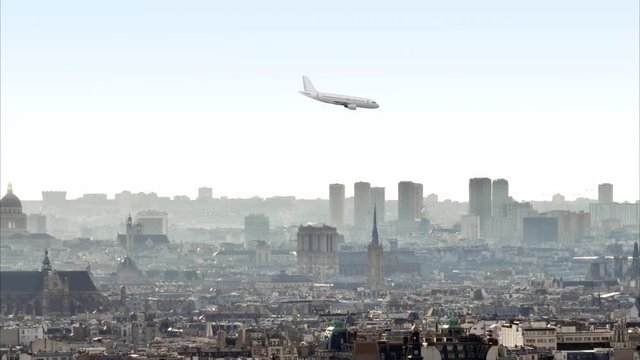 Skyline of Paris with Tour Eiffel, animation with airliner