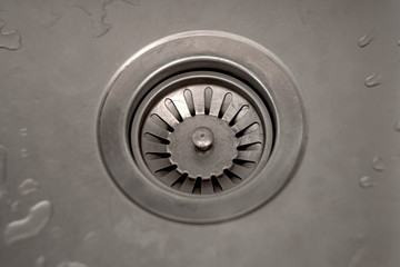 stainless steel kitchen sink drain, close-up
