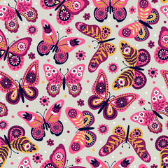 Seamless pattern with butterflies and flowers. Freehand drawing