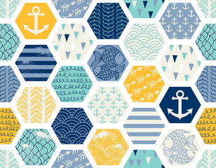 Seamless pattern with nautical elements, patchwork tiles. Can be used on packaging paper, fabric, background for different images, etc. Freehand drawing - obrazy, fototapety, plakaty