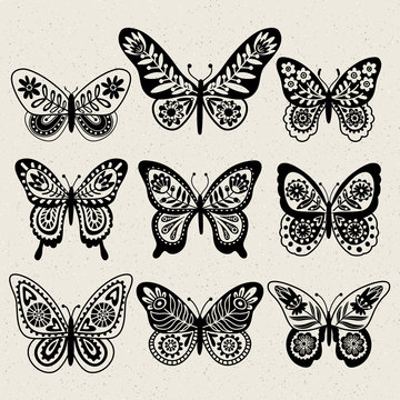 Set of illustrations illustration with butterflies. Black and white. Freehand drawing