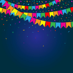 Party flags with confetti. Celebration Background. Web Banner with Garland of Colour Flags and Confetti. Vector Illustration. Flat Style.