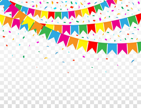 Web Banner with Garland of Colour Flags and Confetti on Transparent Background. Vector Illustration. Flat Style.