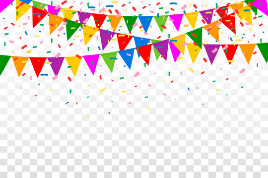 Celebration Web Banner with Colorful Party Flags and confetti  on Transparent Background. Illustration. Flat Design. EPS 10.