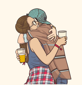 Illustration of young couple hugging and holding plastic beer cups