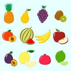 Fruit juicy and ripe collected in a set of icons.   Fruits, a set of icons.