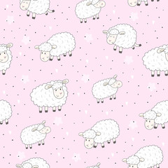 Cute seamless pattern with funny sheep. vector illustration